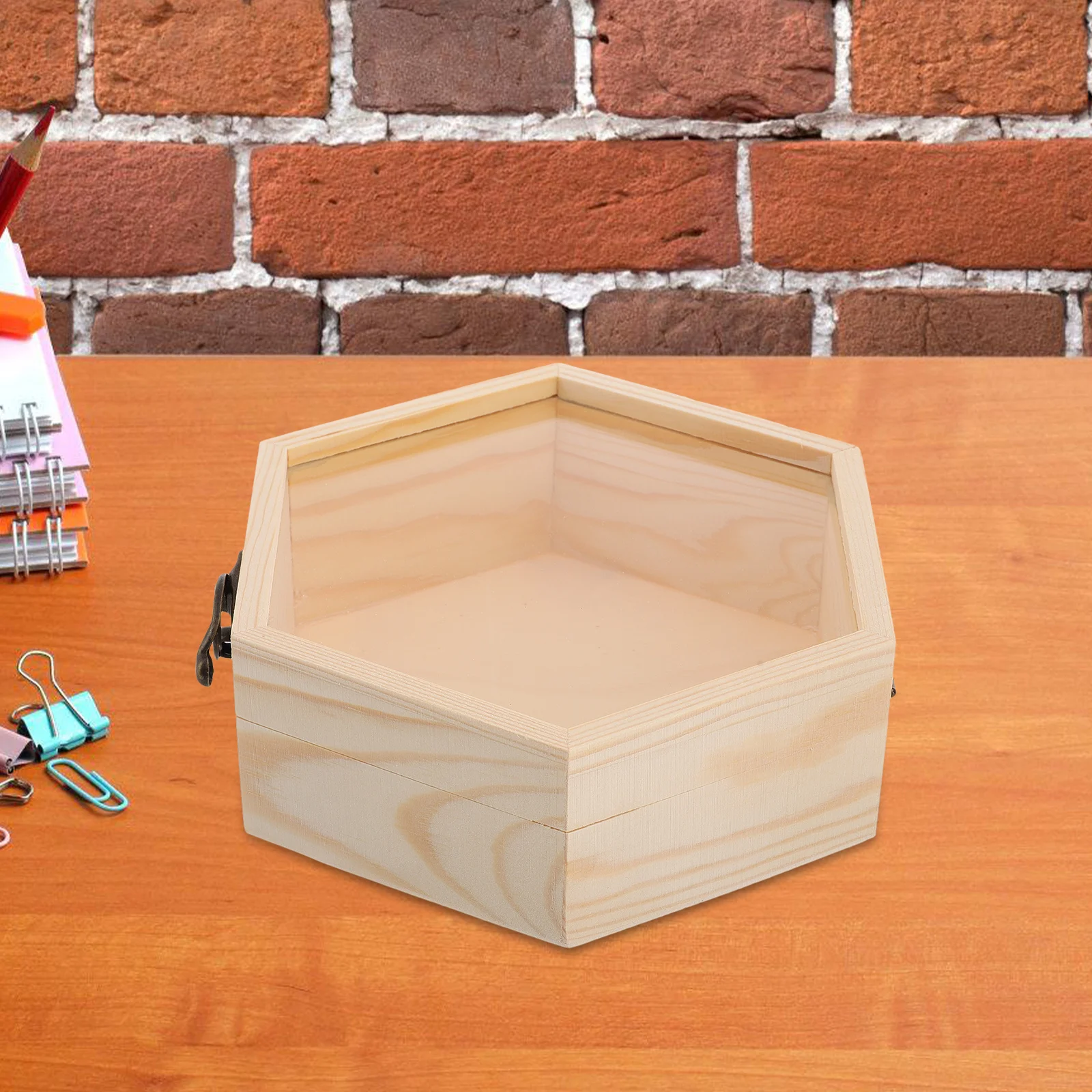 Caja de madera con tapa de cristal hexagonal, contenedor de almacenamiento de madera de pino para recuerdos de joyería, manualidades Diy, exhibición, decoración del hogar Vintage