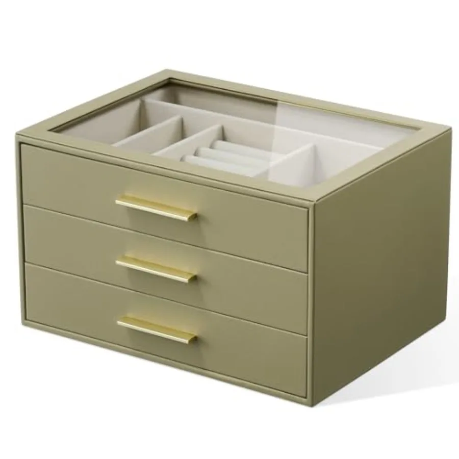 

Женский футляр-органайзер для шкатулки для драгоценностей: 3-слойный футляр для хранения ювелирных изделий со стеклянным окном, оливково-зеленая кожа с кремовой бархатной фиксацией