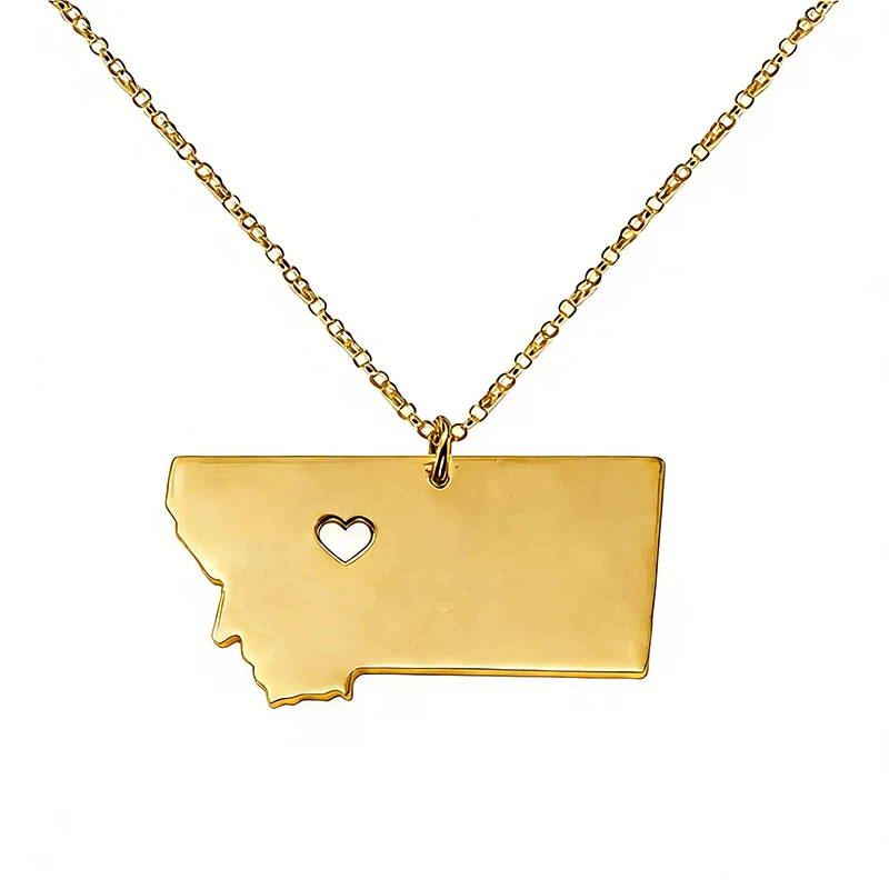 Stainless Steel Hollow Heart Montana Map Necklace United States Map Pendant Necklaces For Women Men