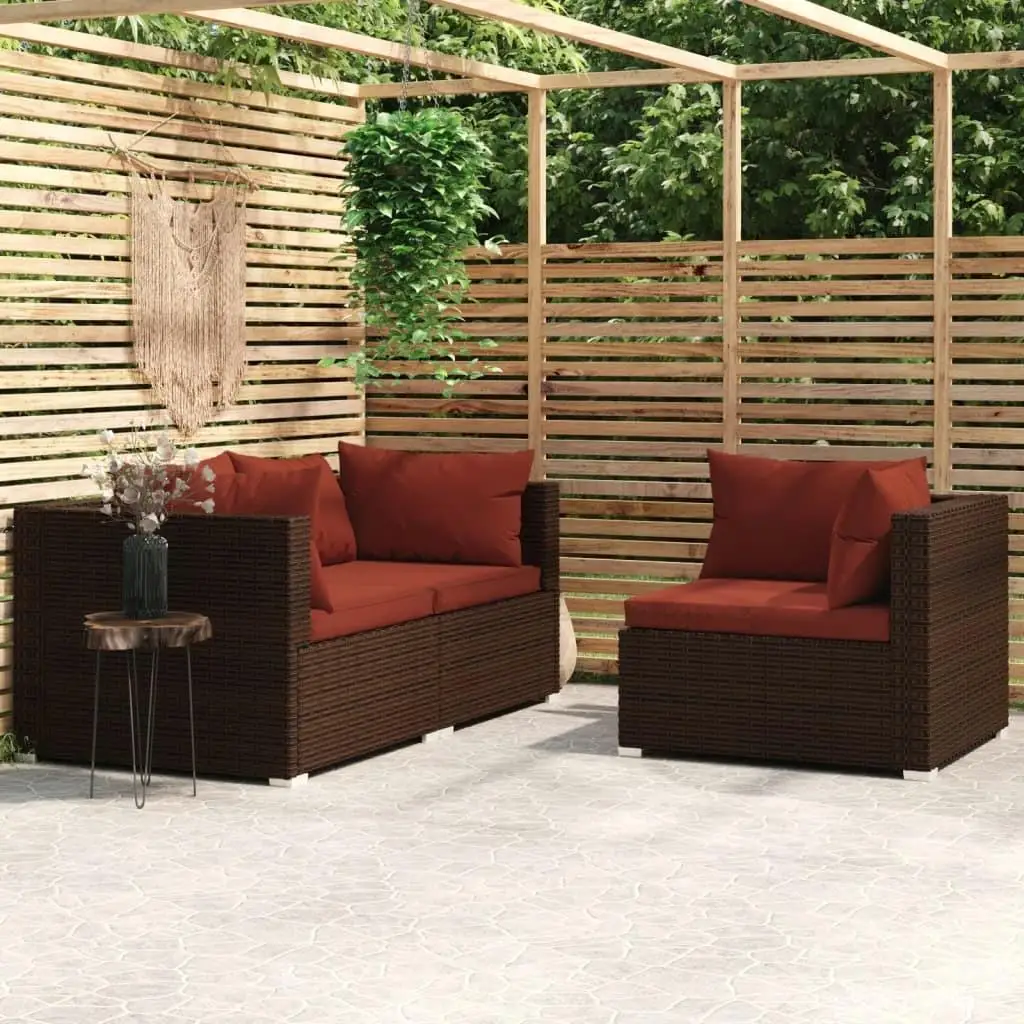 3-Piece Brown Poly Rattan Patio Lounge Set with Cushions for Outdoor Relaxation