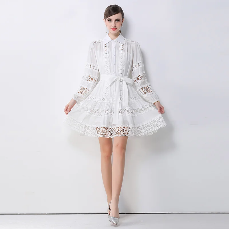 

Women's Fashion Lace Dress Stand Collar Long Lantern Sleeve Hollow out Stitching Embroidery Loose Fit Belt Waist Short Vest