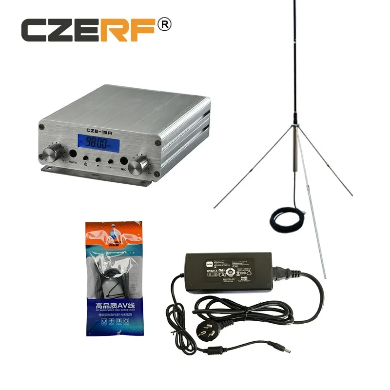 CZE-15A 15W FM transmitter stereo PLL broadcast FM exciter 87Mhz - 108Mhz + GP 1/4 wave antenna + PowerSource