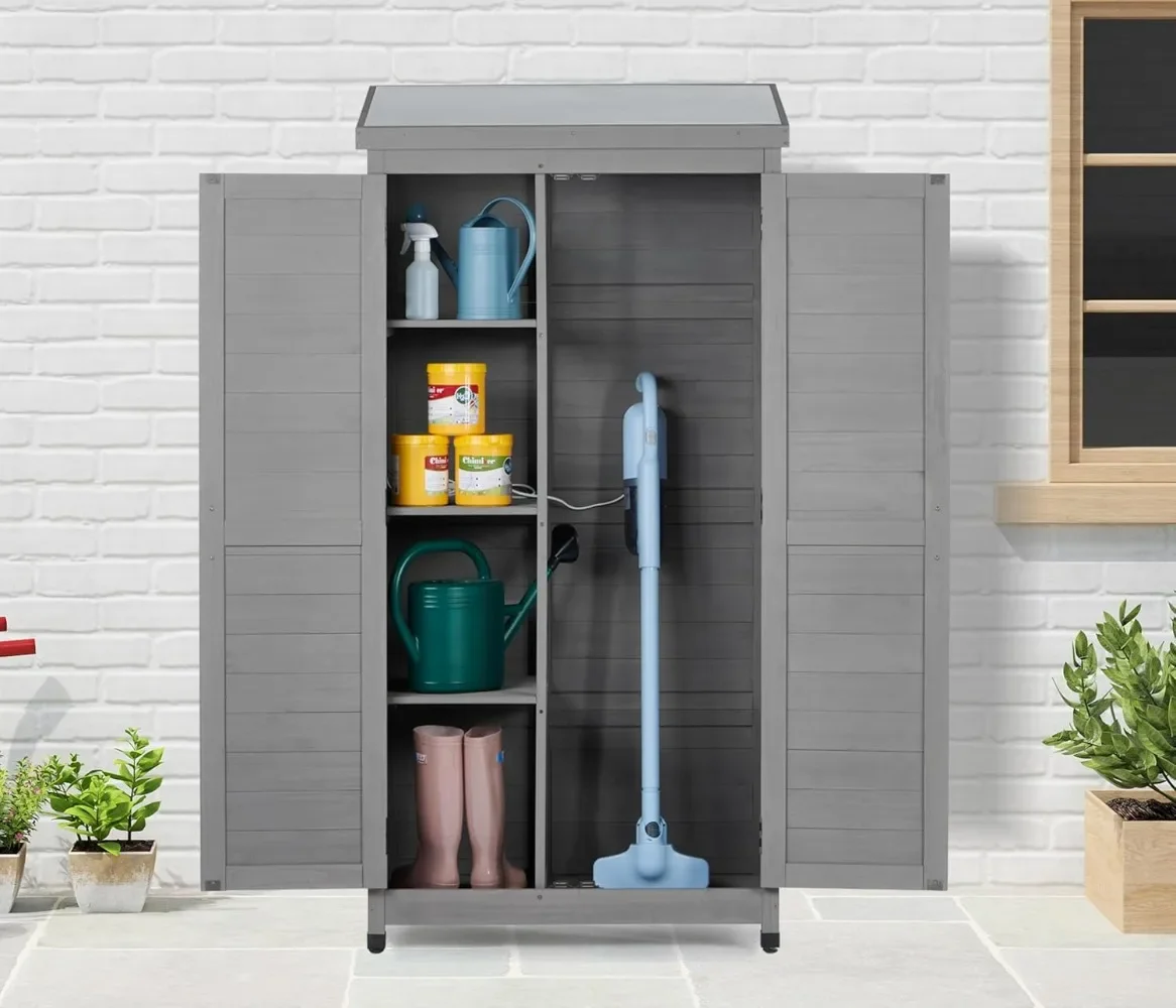 Outdoor Wooden Storage Shed with Metal Top, Tall Vertical Tool Cabinet for Backyard Garden Patio Lawn