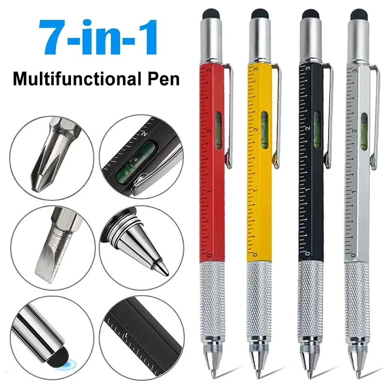 7 in1 Multifunction Ballpoint Pen With Modern Handheld Tool Measure Technical Ruler Screwdriver Touch Screen Stylus Spirit Level