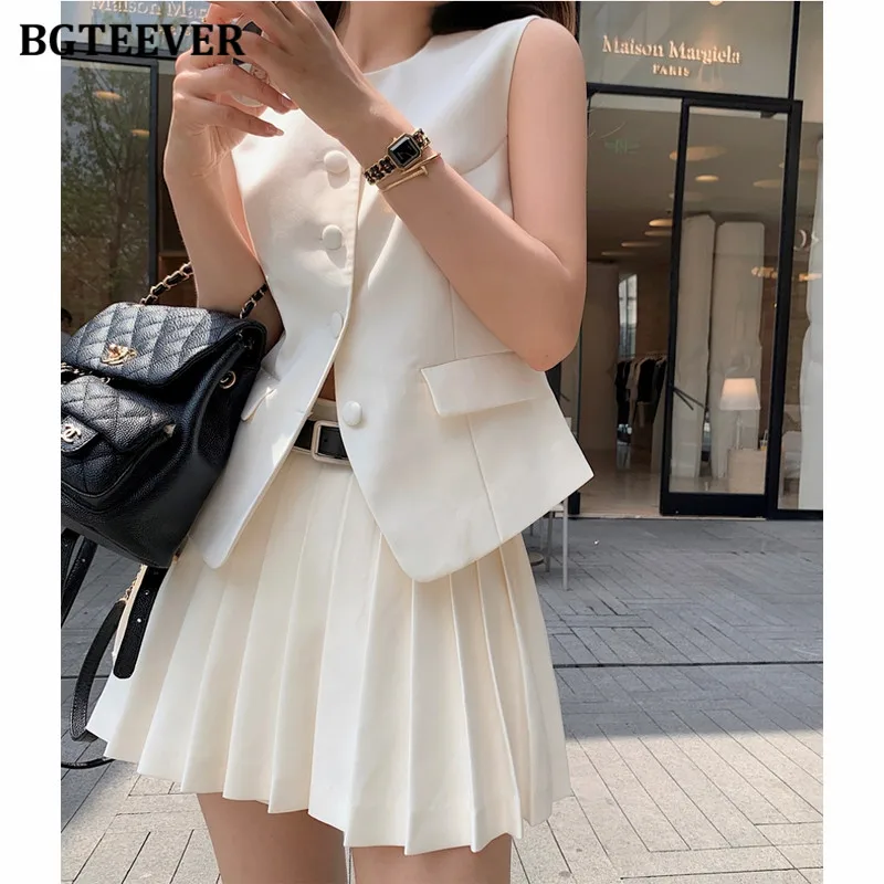 BGTEEVER Elegant Two Pieces Skirt Set  for Women Single-breasted Sleeveless Vests & Pleated Mini Skirts Ladies Skirt Suits