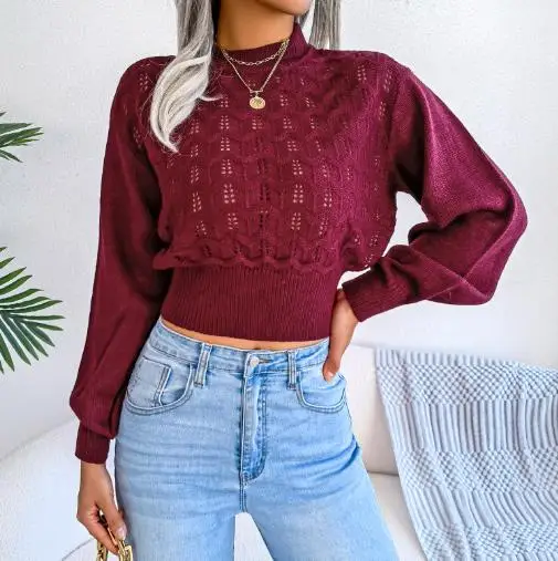 

Sexy Autumn and Winter Street Style Solid Color Hollow Striped Lantern Sleeves Exposed Navel Knitted Sweater Women's Clothing