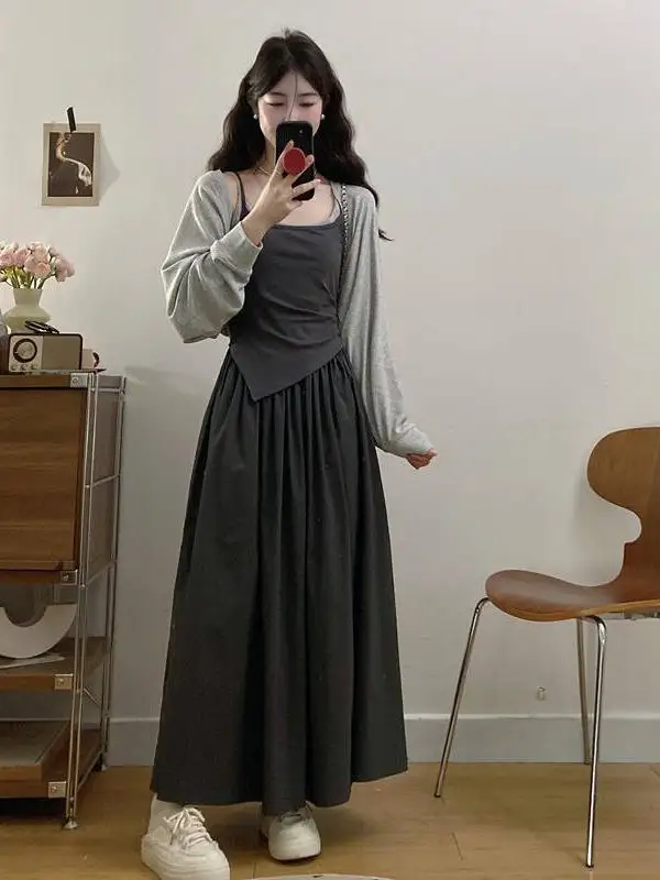 플러스 사이즈 봄 여름 한국 스타일 매칭 세트 오픈 카디건 탑과 스트랩 드레스 투피스 세트 하이웨이스트 A라인 스커트