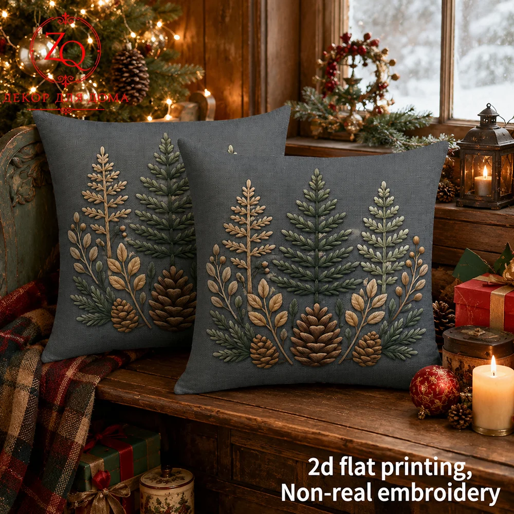 Christmas Pinecone  Fern  Pillow Cover Rustic Farmhouse Winter  Decorative Throw Pillow Case Bedroom Peach Skin Velvet Square