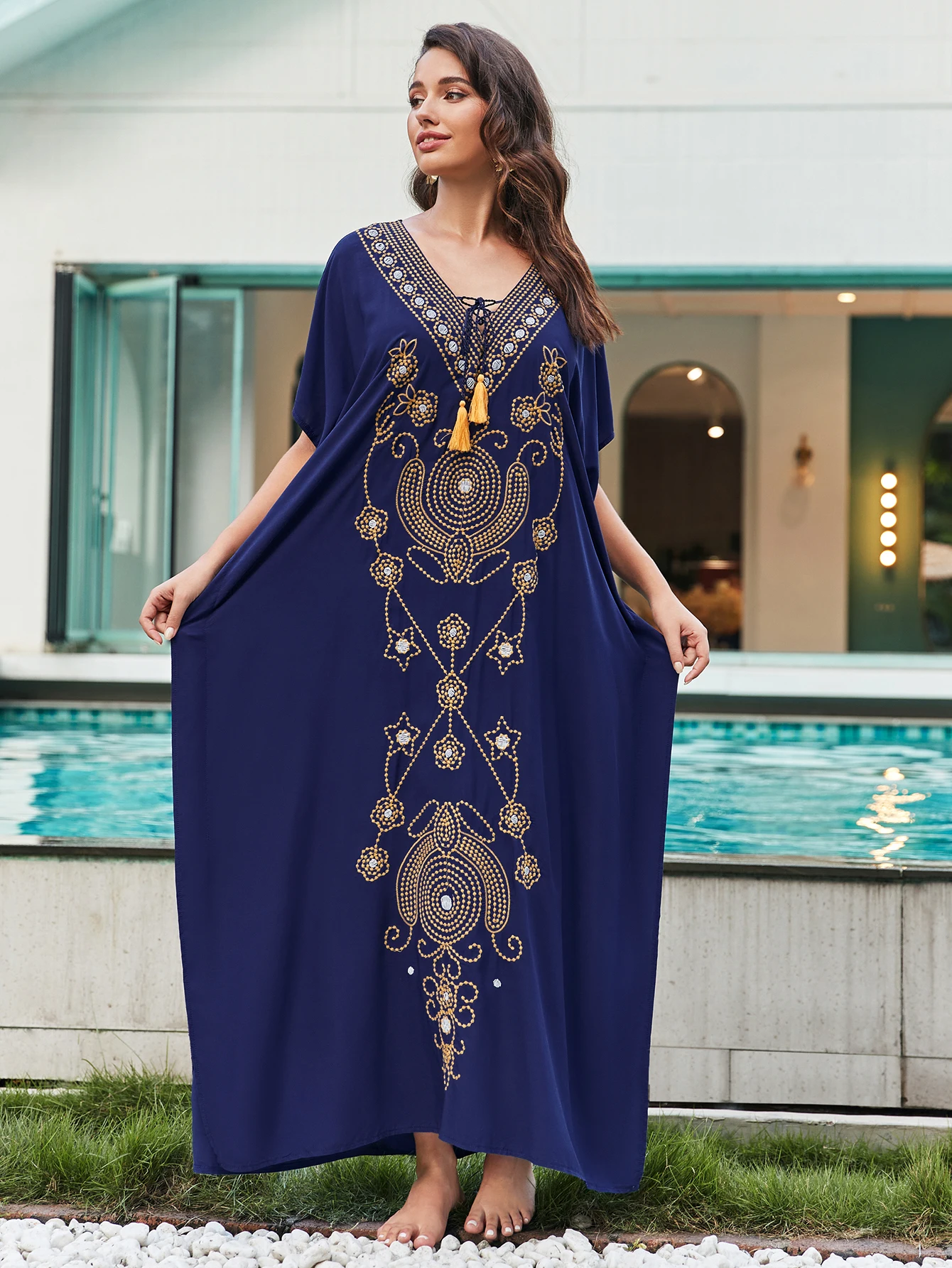 Seksowna do haftu z nadrukiem z głębokim dekoltem w szpic Plus Size plażowa długa sukienka Kaftan duży rozmiar sznurowane tuniki damskie sukienki