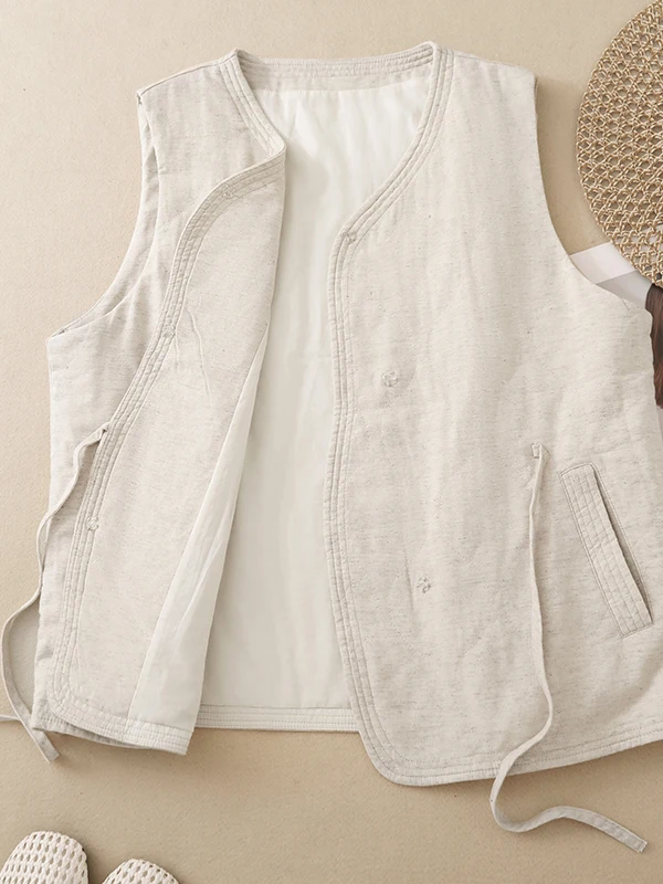 Women's Cotton Linen Vest Jacket Thin Outerwear Belted Sleeveless Top V-neck Loose Fit Regular Length Pure Color Autumn Winter