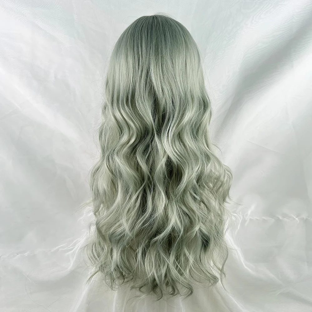 Green Long Wavy Synthetic Wigs with Bangs Fluffy Women Lolita Cosplay Wig Heat Resistant for Daily Party