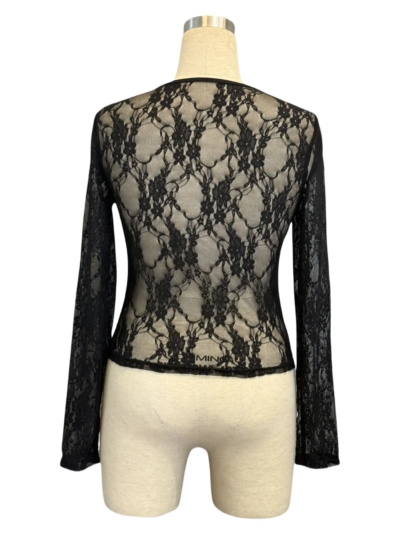 2025، جديد، ربيع، أوروبي، ملابس، نحيف، تي شيرت، نسائي، أنيق، مثير، رقبة دائرية، مرقع، دانتيل، بلايز، كم طويل، قميص سفلي، تي شيرت، 588 #6