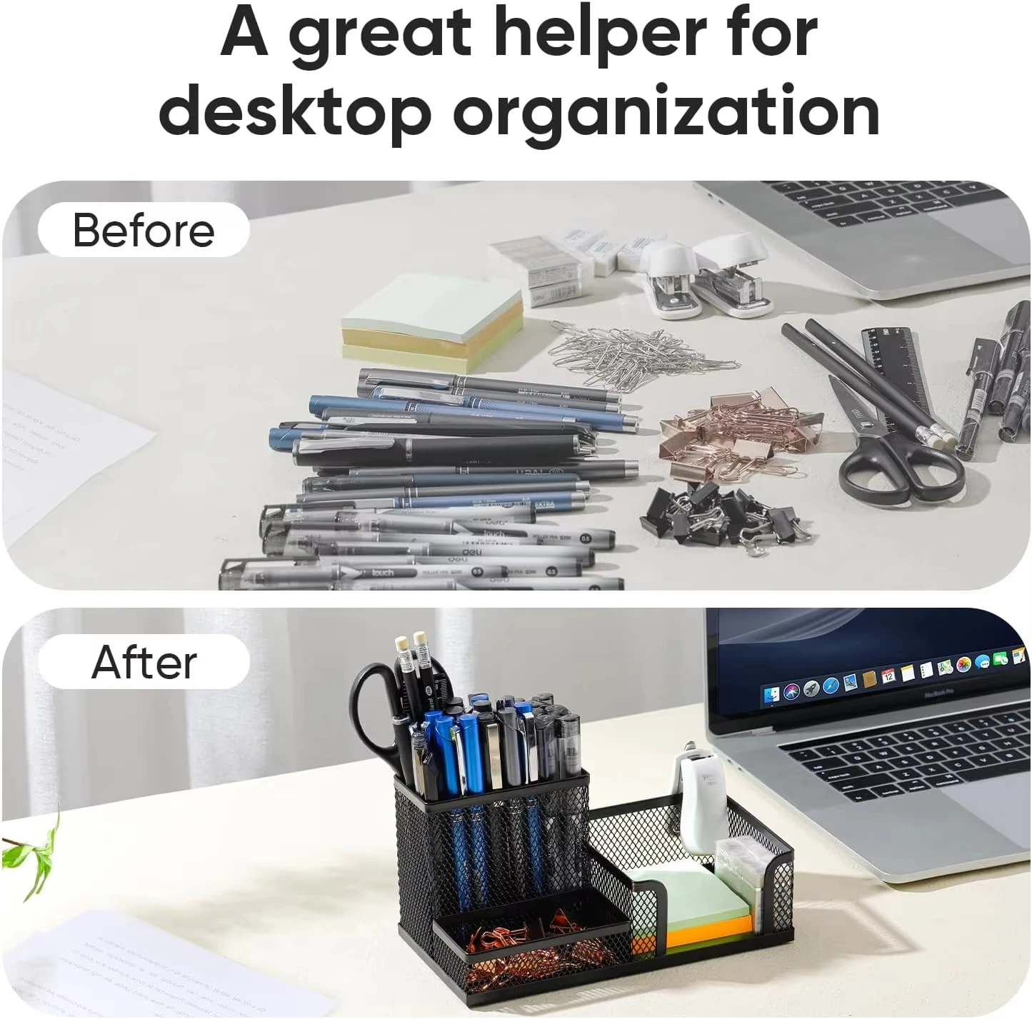 Organizador de mesa de malha, material de escritório, caddy com suporte de lápis e cestas de armazenamento para acessórios de mesa, 3 compartimentos, preto