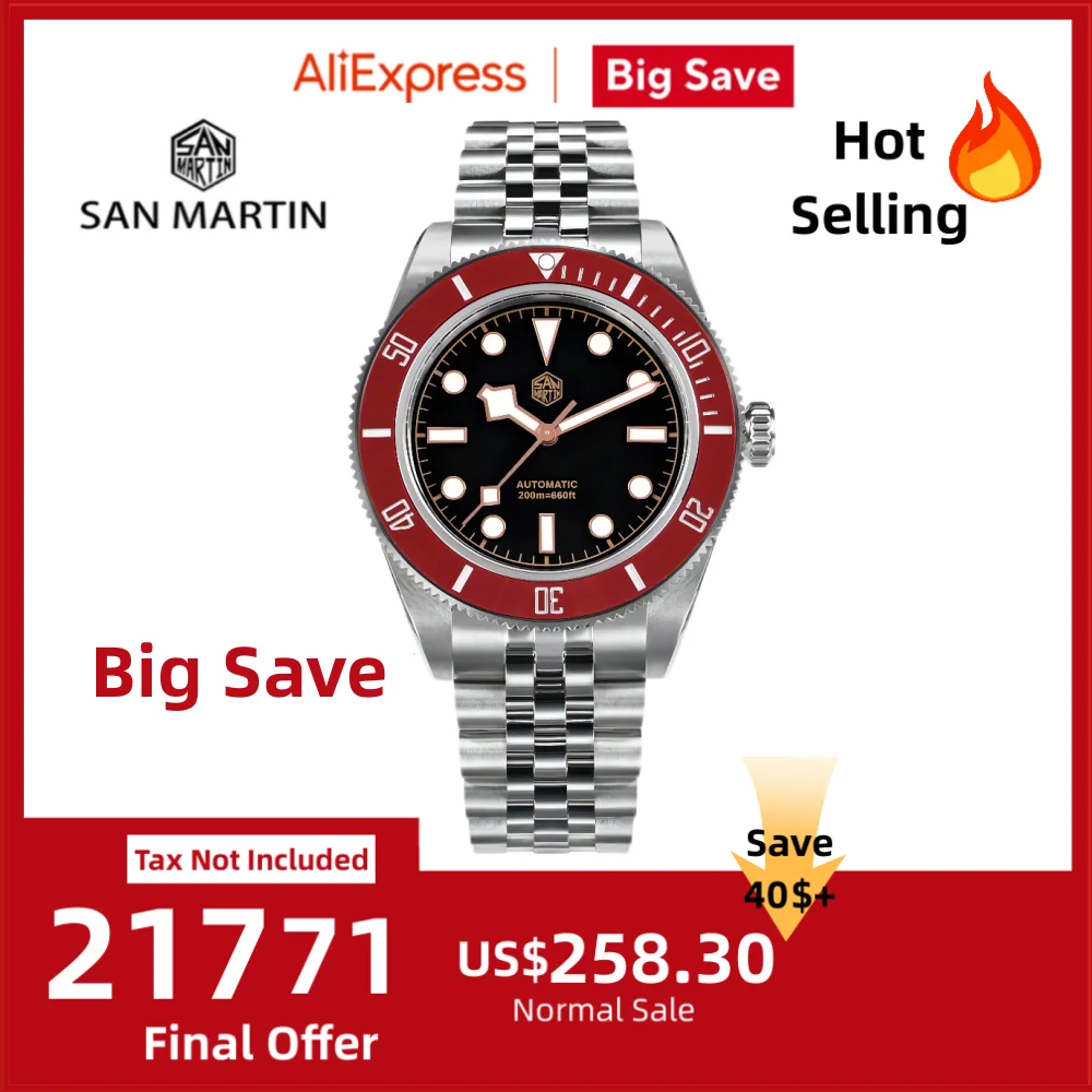 

San Martin 40mm NH35 Mens Watch Diving Mechanical Wristwatch 5-Link Bracelet Ceramic Bezel Waterproof 20Bar BGW-9 Reloj SN0128