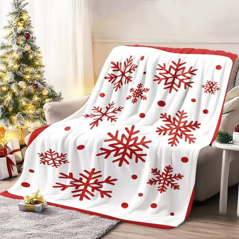 VIKAMA Ins Nordic Style Christmas Snowflake Flannel Throw Blanket White Red Snow Print Warm Sofa Bedroom Home Decor Cover