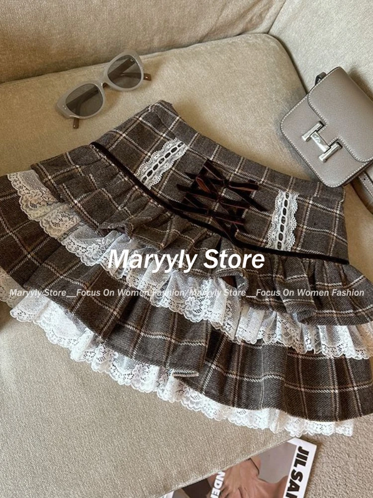 Autumn Winter Kawaii Ruffle Lace Plaid Skirts Women Sweet Elegant Mini Skirts Female Y2k Vintage Patchwork A-line Short Skirts