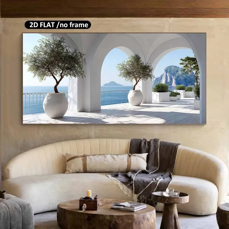 2D Flat, Frameless Modern Home Decor Canvas Art Prints for Living Room Bedroom Posters Coastal Archway Olive Trees Sea View