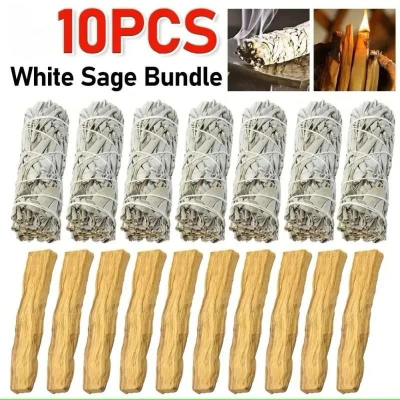 10pcs Pau Santo White Sage Bundle California Smudge Stick Wand for Spiritual Incense Burning Aromatherapy Energy Cleansing