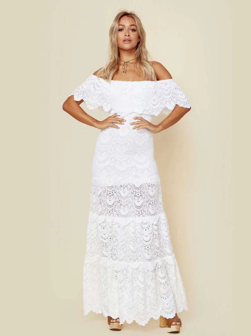 

Fashion White Lace Women Party Dresses Sexy Off The Shoulder Brides Wedding Dress Elegant Lotus Flare Female Vestidos De Novia