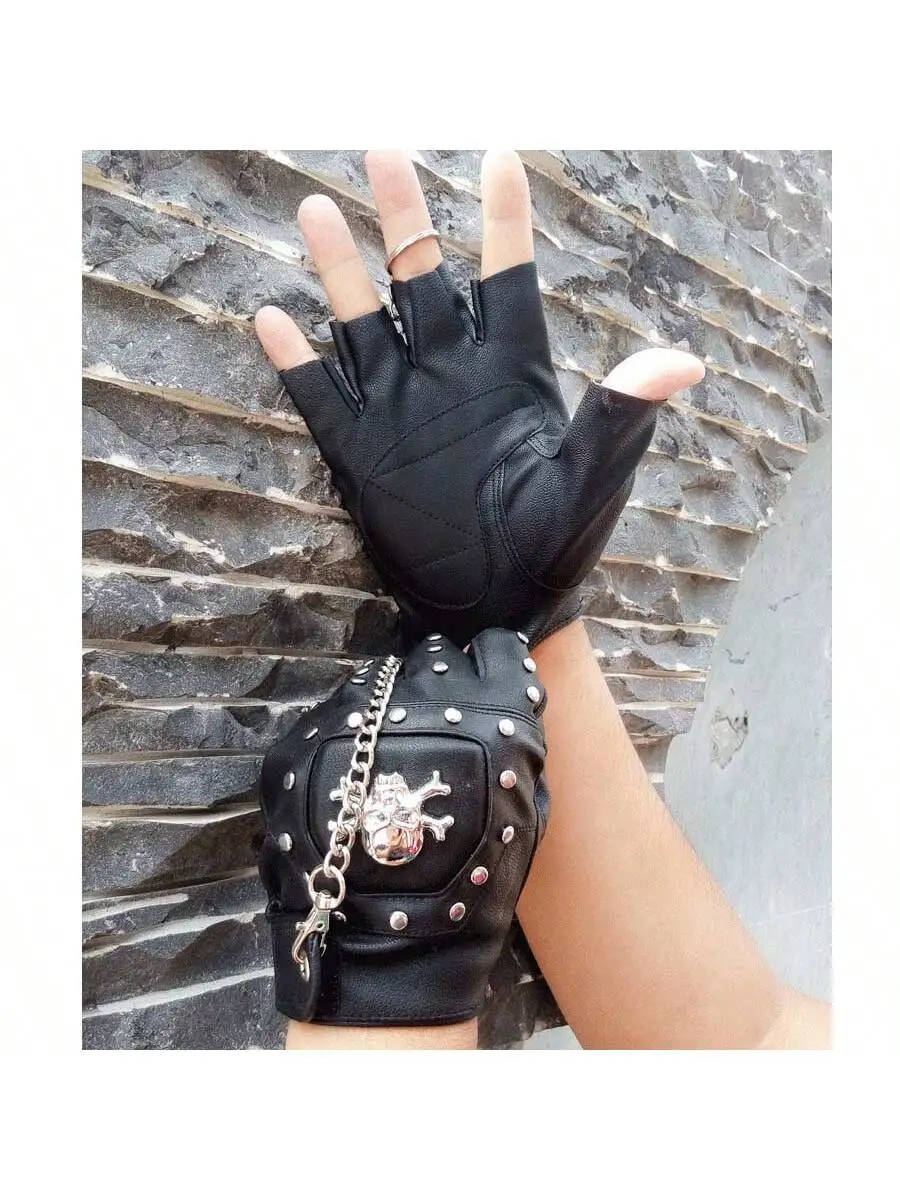 Skulls Rivet PU Leather Fingerless Gloves Men Women Fashion Hip Hop Women\'s Chain Punk Gloves Half Finger Men\'s Gloves