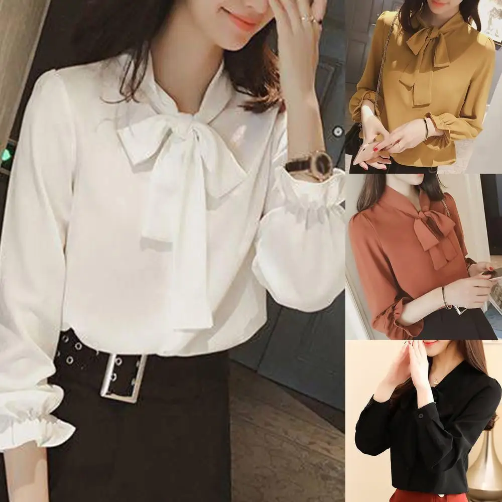 Women Fashion Solid Color Long Puff Sleeve Blouse Buttons Necktie Bowknot Shirt