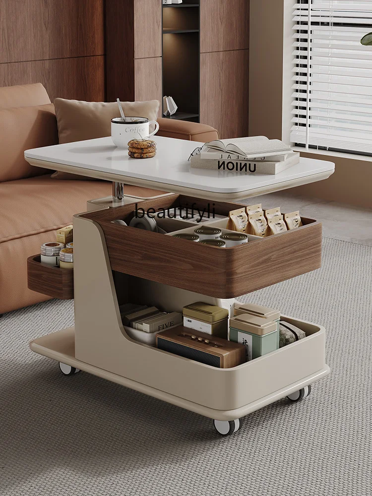 Movable Coffee Table Living Room Modern Simple Home Small Apartment Solid Wood Adjustable Storage Trolley Sofa Side Table