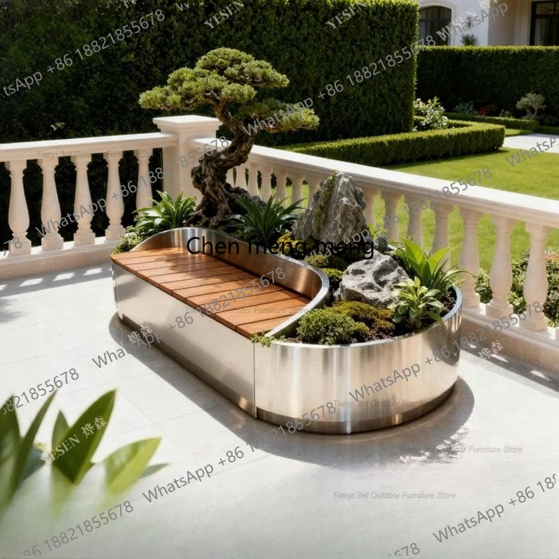 Stainless Steel Flower Box Seat Outdoor Courtyard Balcony Planter Box Long Bench Landscape Flower Pot Outdoor Furniture