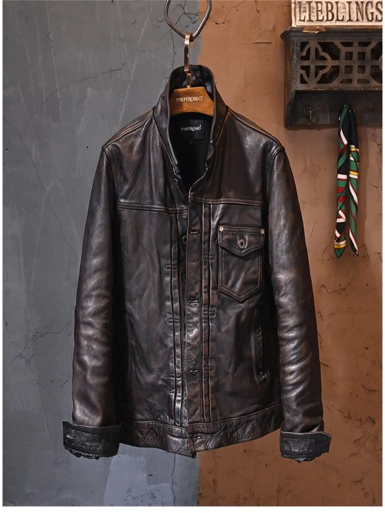 YR!Free shipping.Brown vintage 1.4mm tea core horsehide jacket.Japanese classic casual 506 style leather coat.top quality