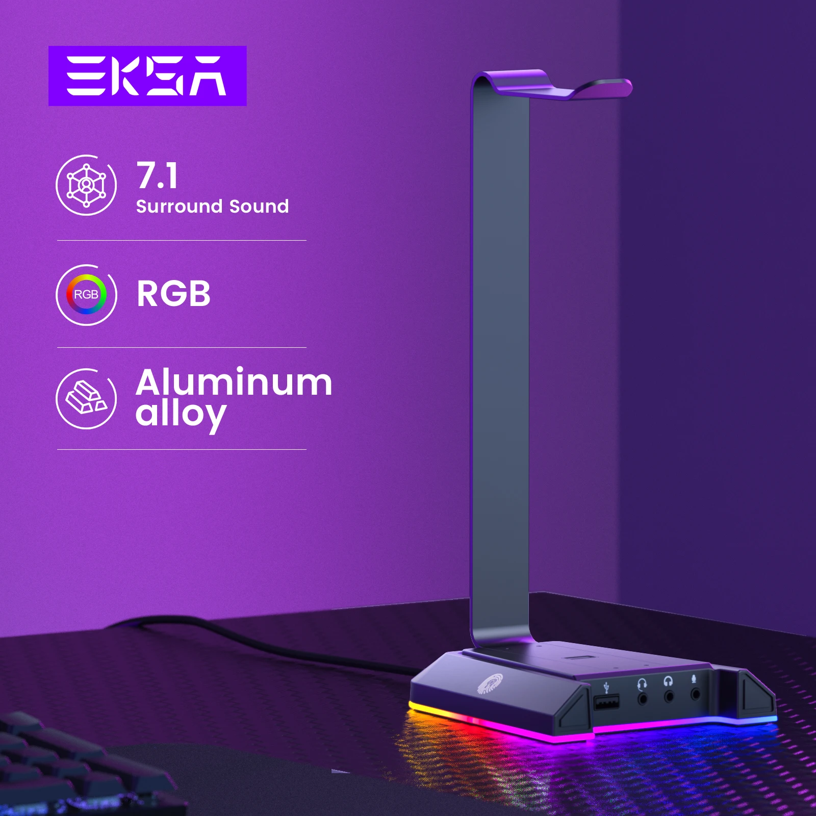 EKSA W1 Gaming Headset stand with 7.1 Surround/2 USB and 3.5mm Ports RGB Headphones Holder for Gamer Gaming PC Accessories Desk