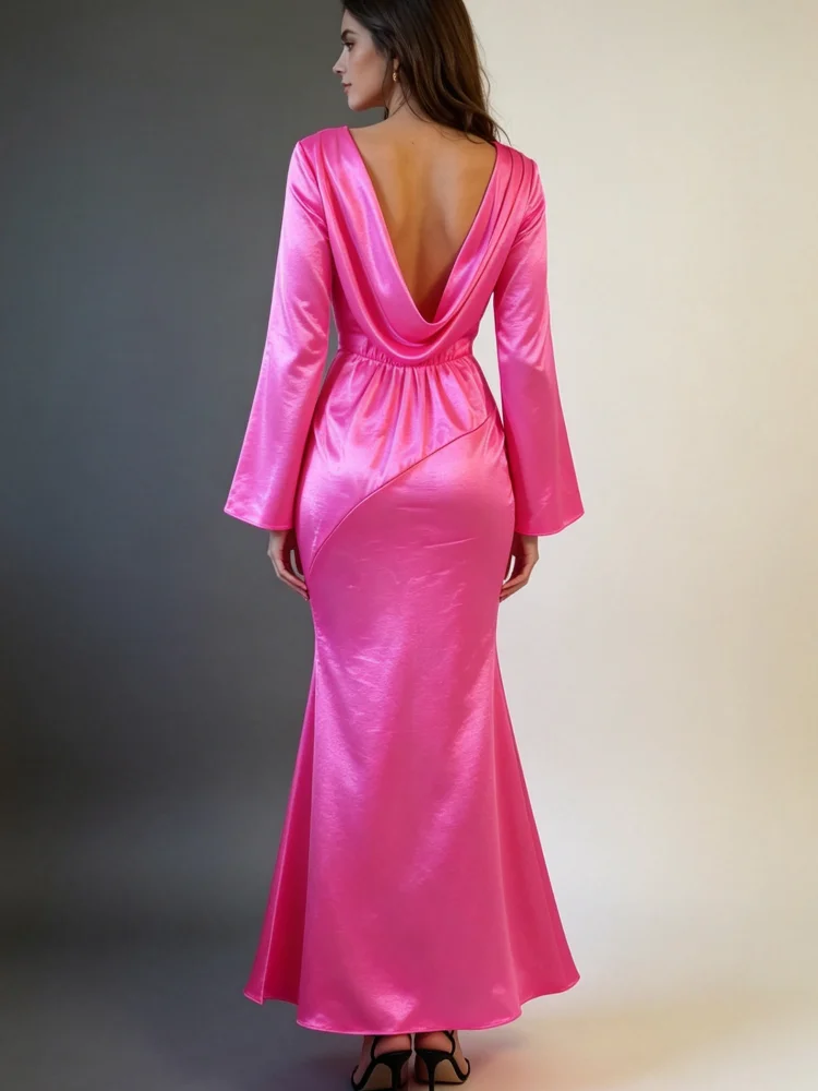 Satin-Meerjungfrauenkleid für Damen, langes Abendkleid mit ausgestellten Ärmeln, Rückenfreies, figurbetontes, formelles Maxikleid für Hochzeitsgäste und Partys – Detail 2