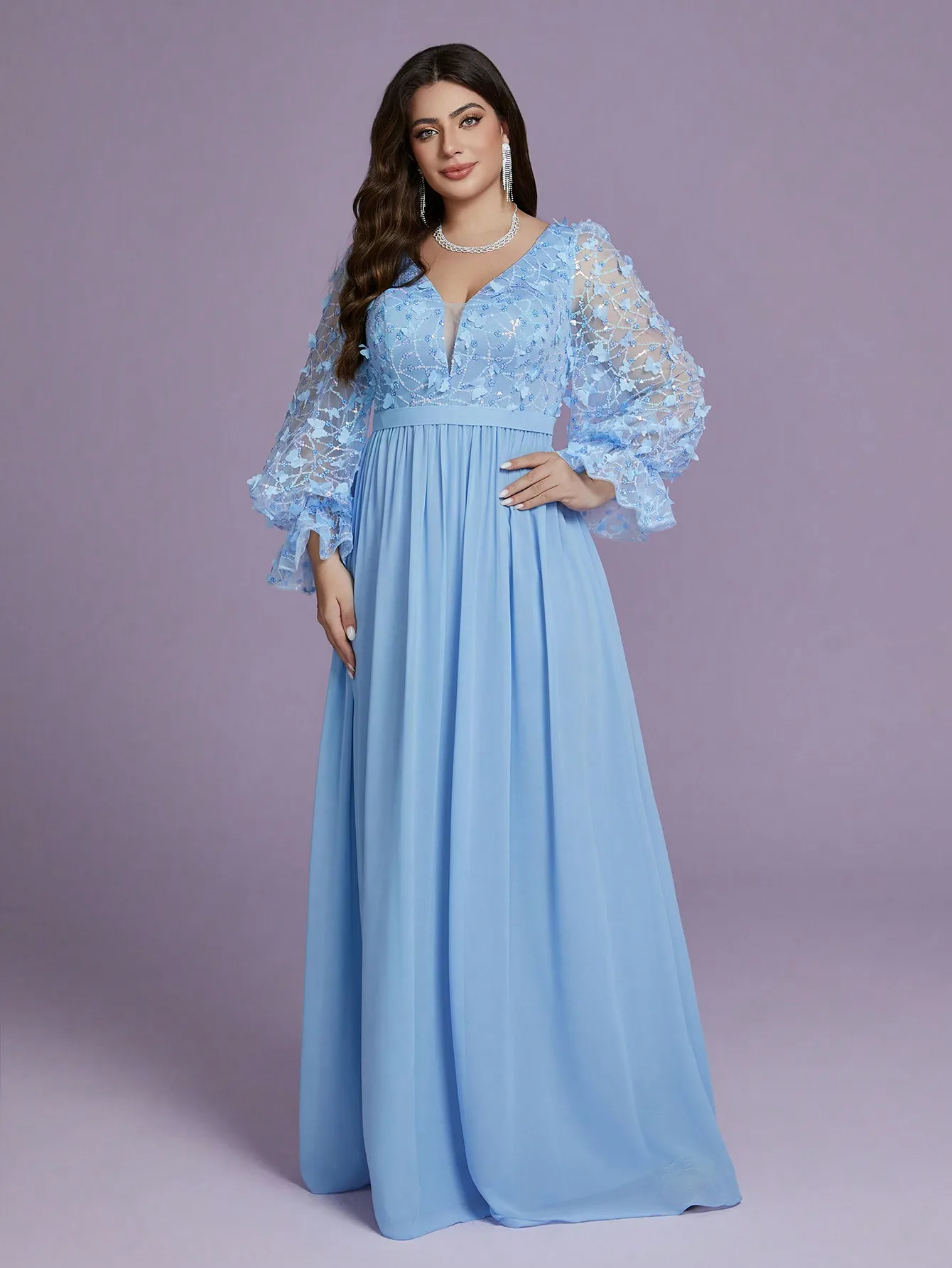 Vestido de noche de alta gama de gasa con perlas y dobladillo de manga larga con lentejuelas y mariposas con estampado de llamas y cuello Mgiacyv