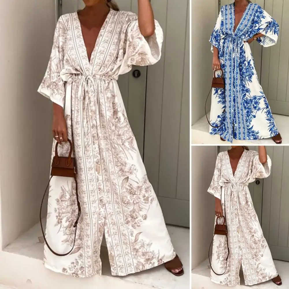 Classic Summer Beach Boho Retro Print Dress Soft Fabric Maxi Dress Summer Boho Print 3/4 Sleeve Midi Dress Streetwear