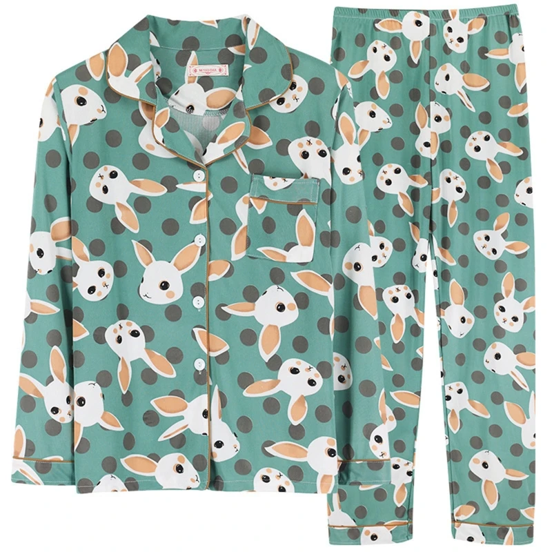 Women Cartoon Bunny Dot Print Pajamas Set Long Sleeve Button Top Pants Sleepwear