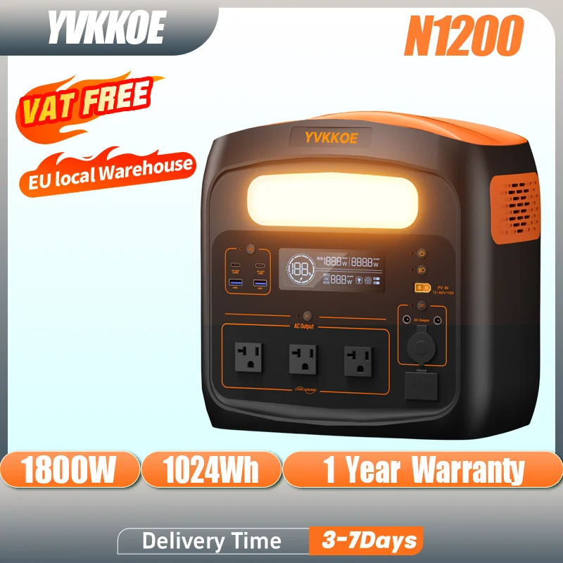 

YVKKOE N1200 Portable Power Station 1800W Solar Generator 1024Wh Battery Home Backup Outdoor Camping Mobile power Easy To Carry