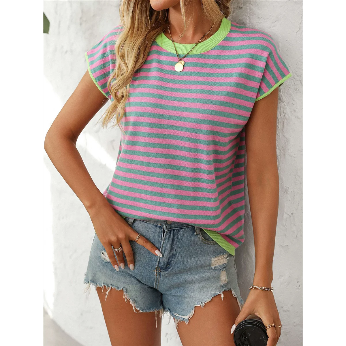 ホットレディーストップスドレッシーカジュアル半袖カラーブロックストライプクルーネックTシャツグリーンXL