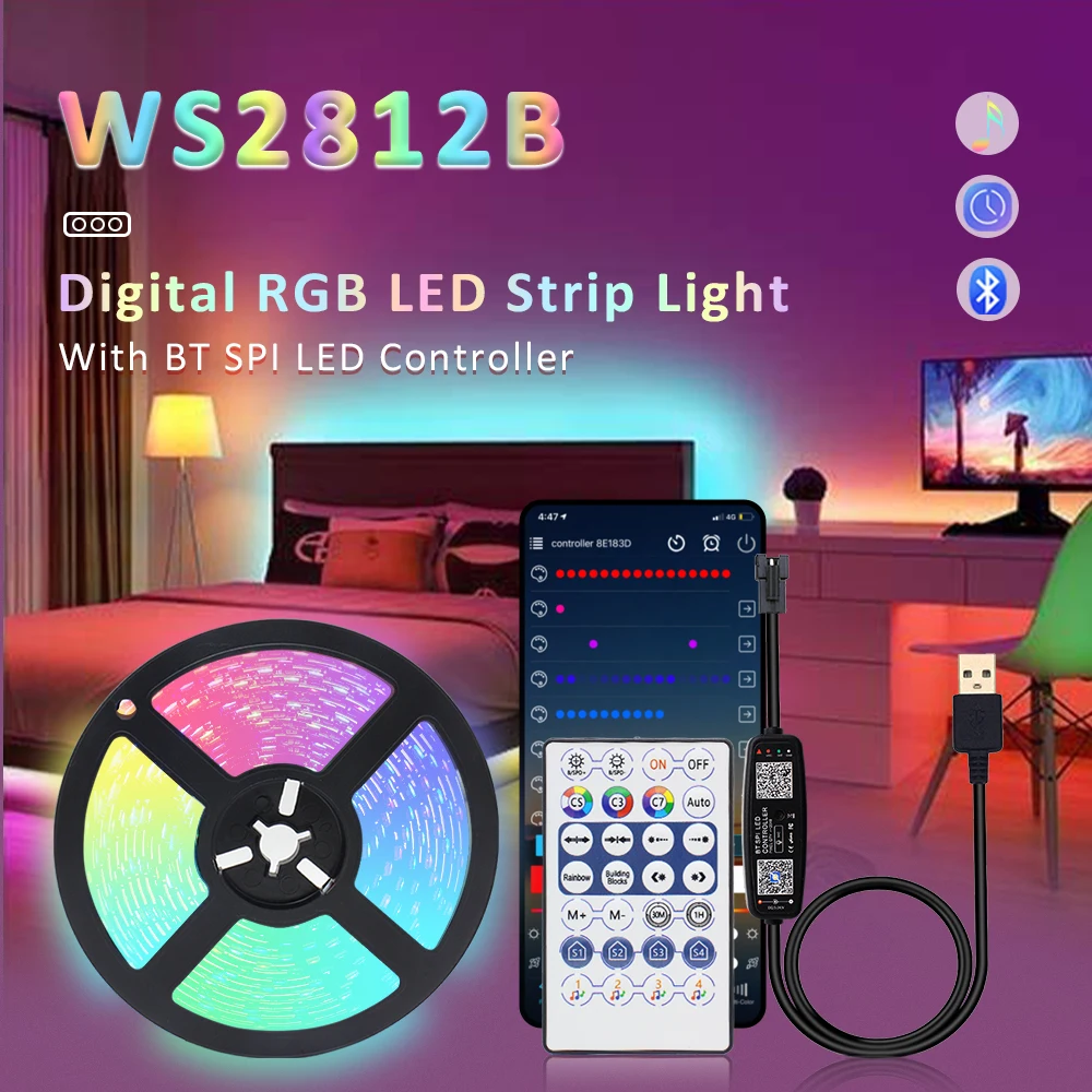 

RGBIC LED Strip Lights 5V WS2812B USB Addressable RGB 5050 IP30 IP65 IP67 Waterproof Bluetooth 30 60 144 Smart Pixels Tape Lamp