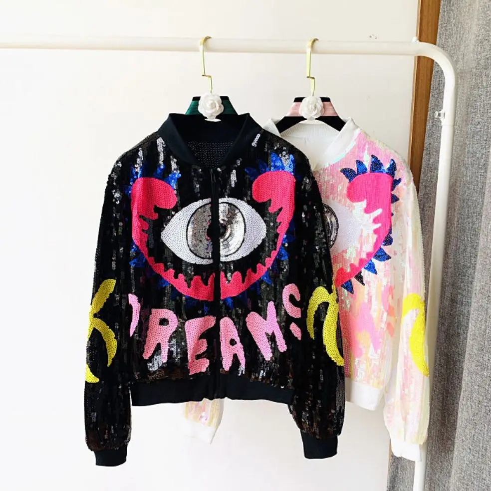 CHIC Ins Streetwear Punk Cartoon Eye Bling Sequined Women Jacket Hip Hop Girl Colorful Baseball Bomber Zipper Top Show Outerwear