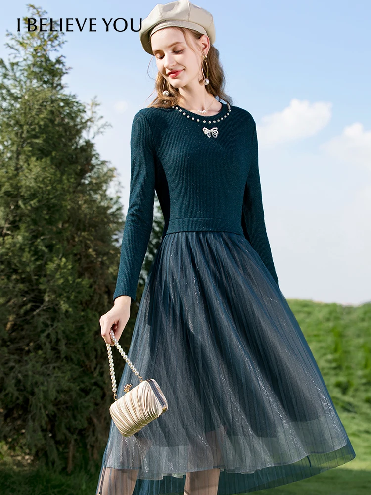 

I BELIEVE YOU Knitted Dress 2022 Autumn Elegant Slim Oneck Pullover Long Sleeve Gradient Color Mesh Patchwork Vestido 2224094685