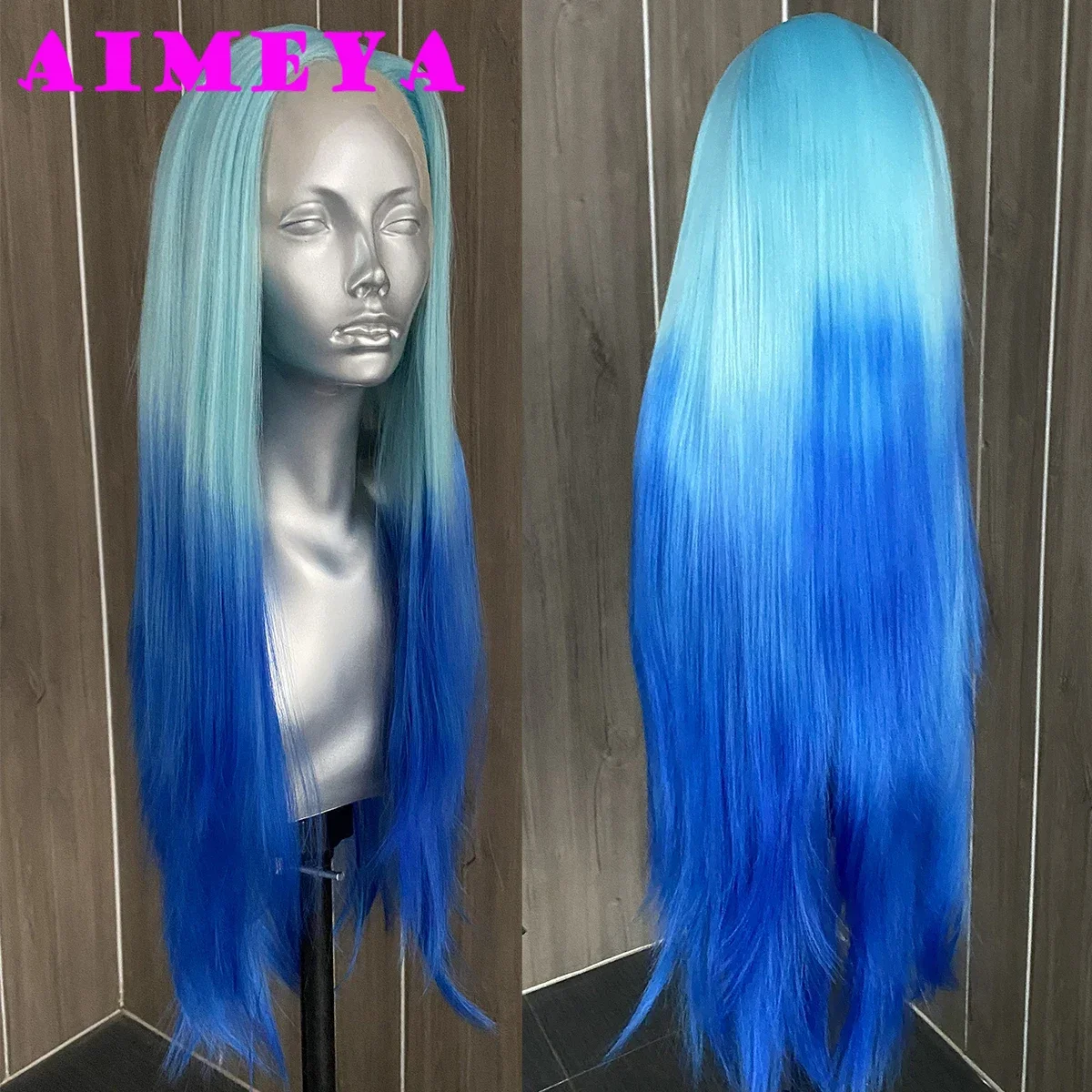AIMEYA Ombre Blue Wig Colored Lace Front Wigs for Women Long Silky Straight Synthetic Hair Heat Resistant Daily Use Cosplay Wig