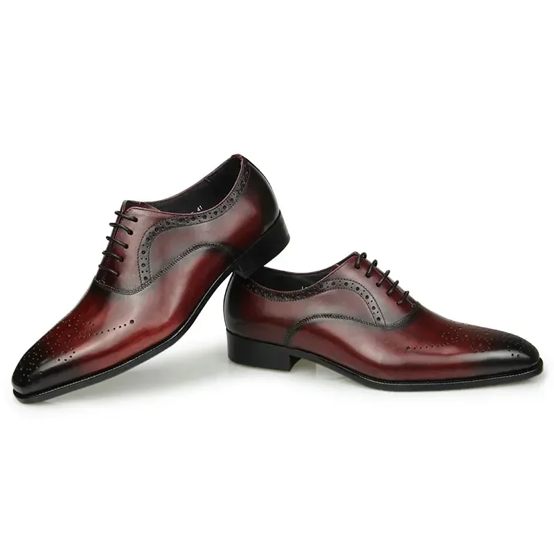 Luxury Dress Genuine Leather Shoes Mens Business Office Work Brogues High Quality Comfortable Formal Wedding Shoe Black&Wine Red