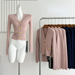 Autumn Knit French Vintage Cardigan Women Button Design Ruffle Sweater Long Sleeve Coat Female Aesthetic Elegant Chic Clothing