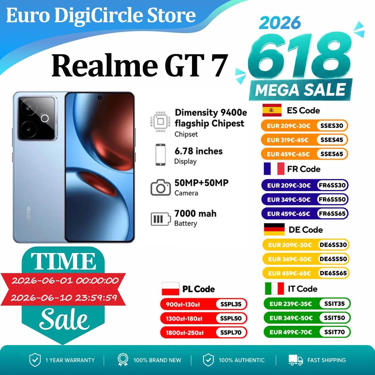 【EU Version】Realme GT 7, Chipset phare 5G Dimensity 9400e, 6,78 pouces, Refroidisseur à 120Hz, Charge rapide 120W, 7000mAh, 50MP 2X, IP69