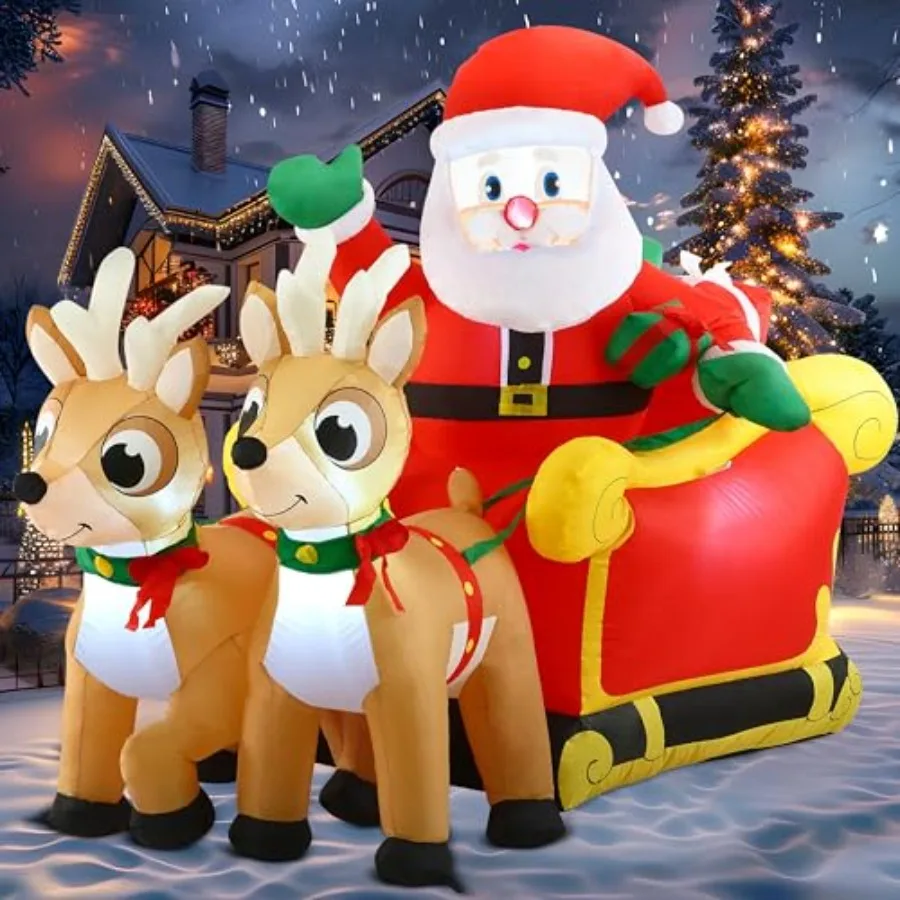

Outdoor Christmas inflatable Santa on sleigh with 2 reindeer, PVC material, red and white, built-in LED lights for yard, garden