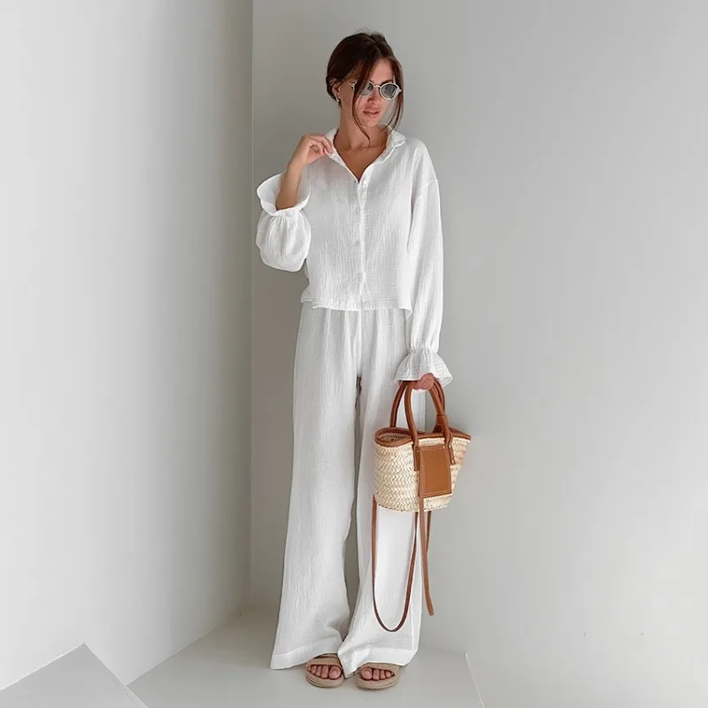 New Autumn Spring Women's Loungewear Set Casual Comfortable Long Sleeved Pajamas Trousers Pure White Cotton L Size Cozy Casual