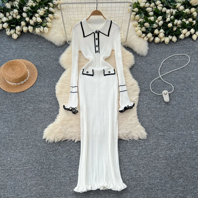 Elegante Gestrickte Pullover Kleid Herbst Kleidung Frauen Rippen Kontrast Volle Hülse Lange Kleider OL Stil Stricken Kleid Robe Femmes