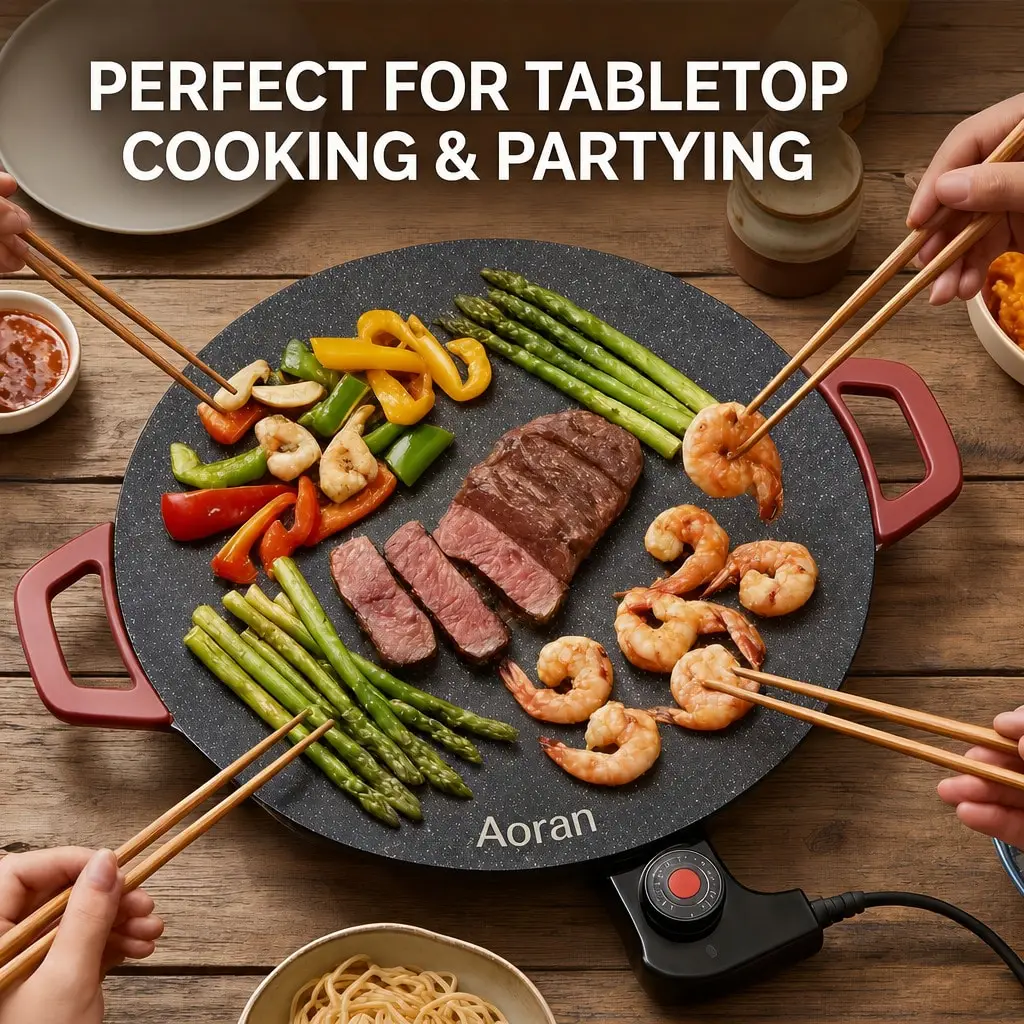 Electric Grill Pan With Red Handle, Indoor Electric Frying Pan, Household Barbecue Pan, Grill Pan, Non-Stick Pan, Outdoor Barbecue Pan. Adjustable Power Settings. Suitable For Breakfast And Family Gatherings.