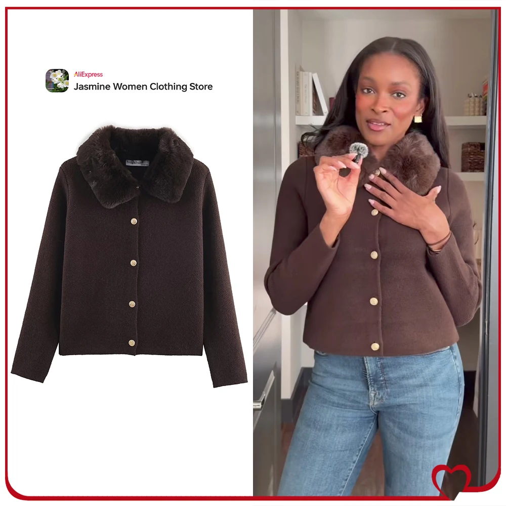 

Elegant Chic Women Golden Button Cardigan with Faux Fur Collar New in Stylish Autumn Lapel Collar Long Sleeves Brown Knit Jacket