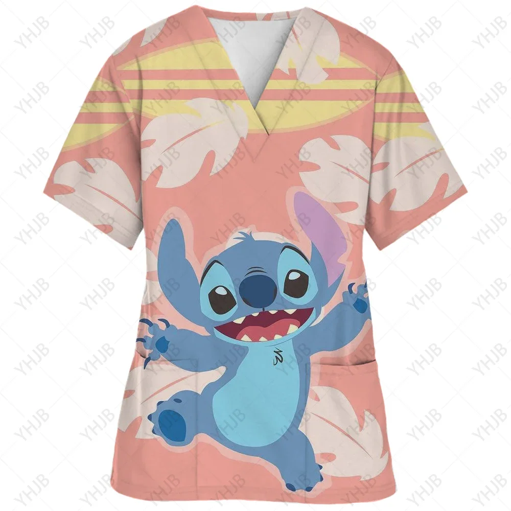 Fashion Women Nurse Disney Stitch Uniform V-neck Clinic Uniform Hospital Healthcare Spa T-shirt Blouse Printed Nurse Scrubs