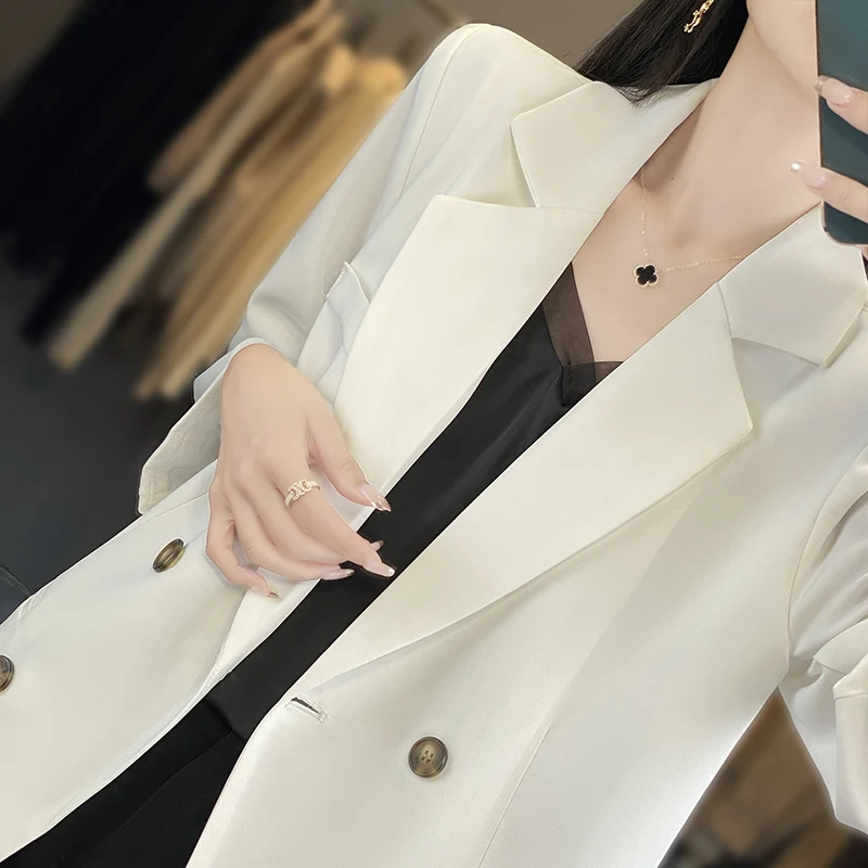 2024 Spring Summer New High Quality Suit Women\'s V-Neck Acetic Acid Silk Button Pocket Casual And Elegant Style Small Suit Coat