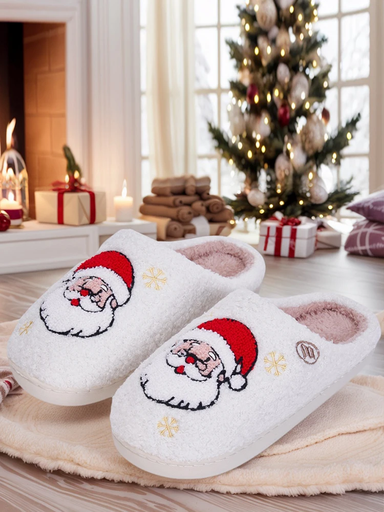 

Рождественские теплые домашние туфли без шнуровки с Санта-Клаусом, удобные термотапочки для пар, нескользящие зимние тапочки с закрытым носком